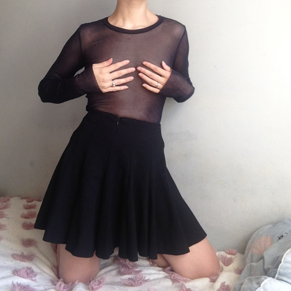 Basic black mesh longsleeve sheer layering top
